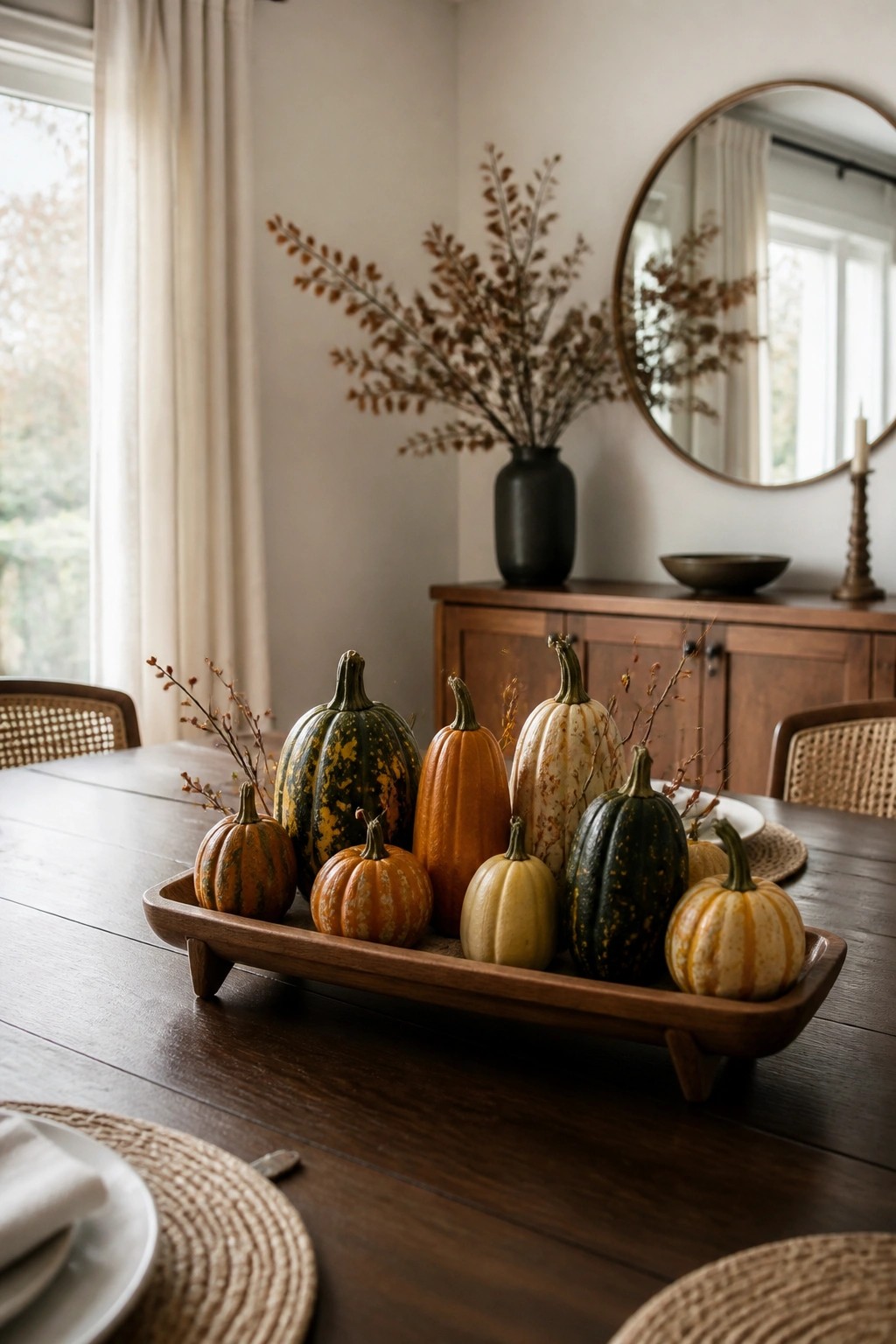 A wooden tray holding assorted small pumpkins sits centered on a dark wooden dining table.