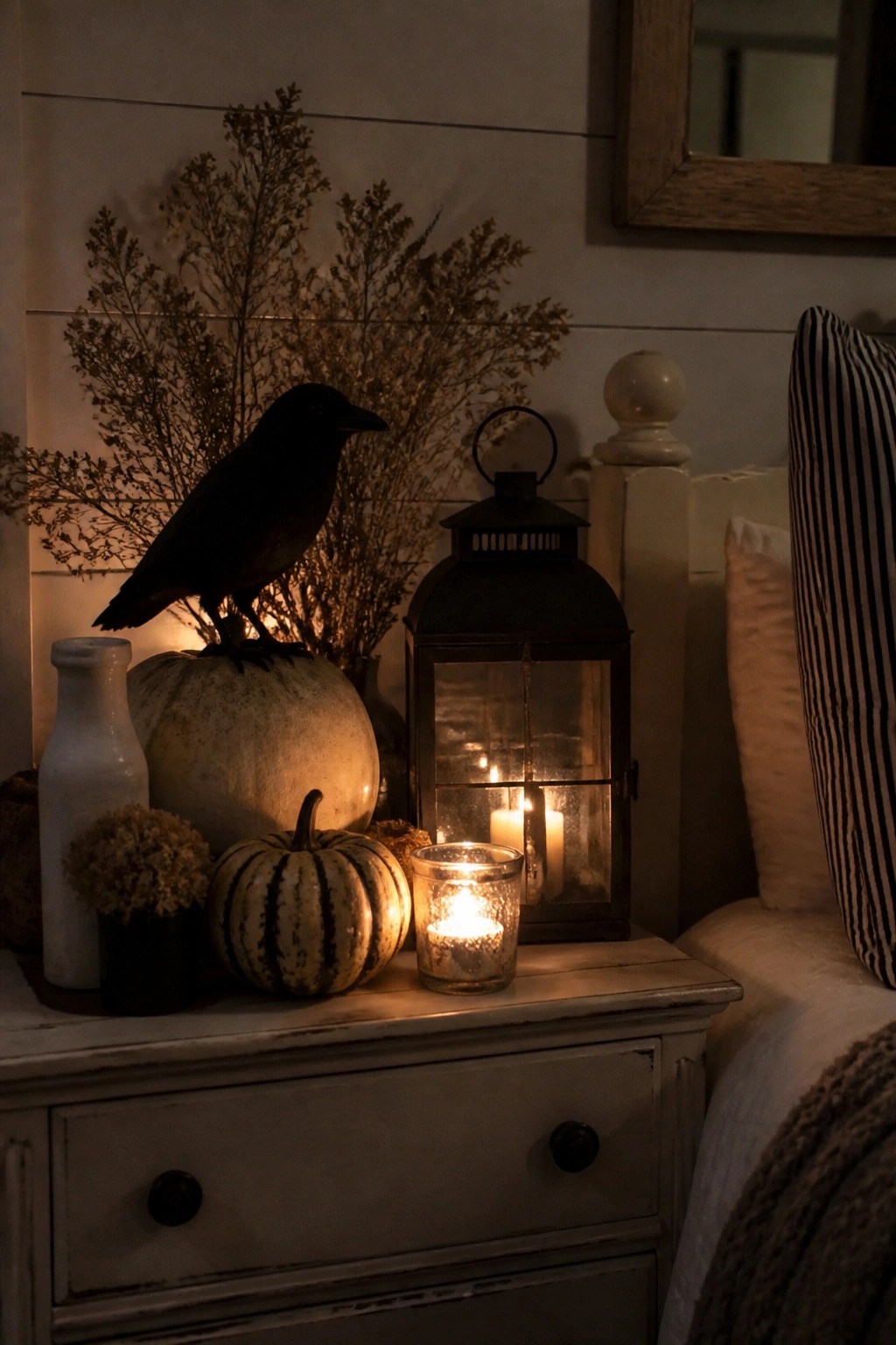 Bedroom nightstand with a black crow on a white pumpkin, a black lantern with lit candles, and small striped pumpkins.