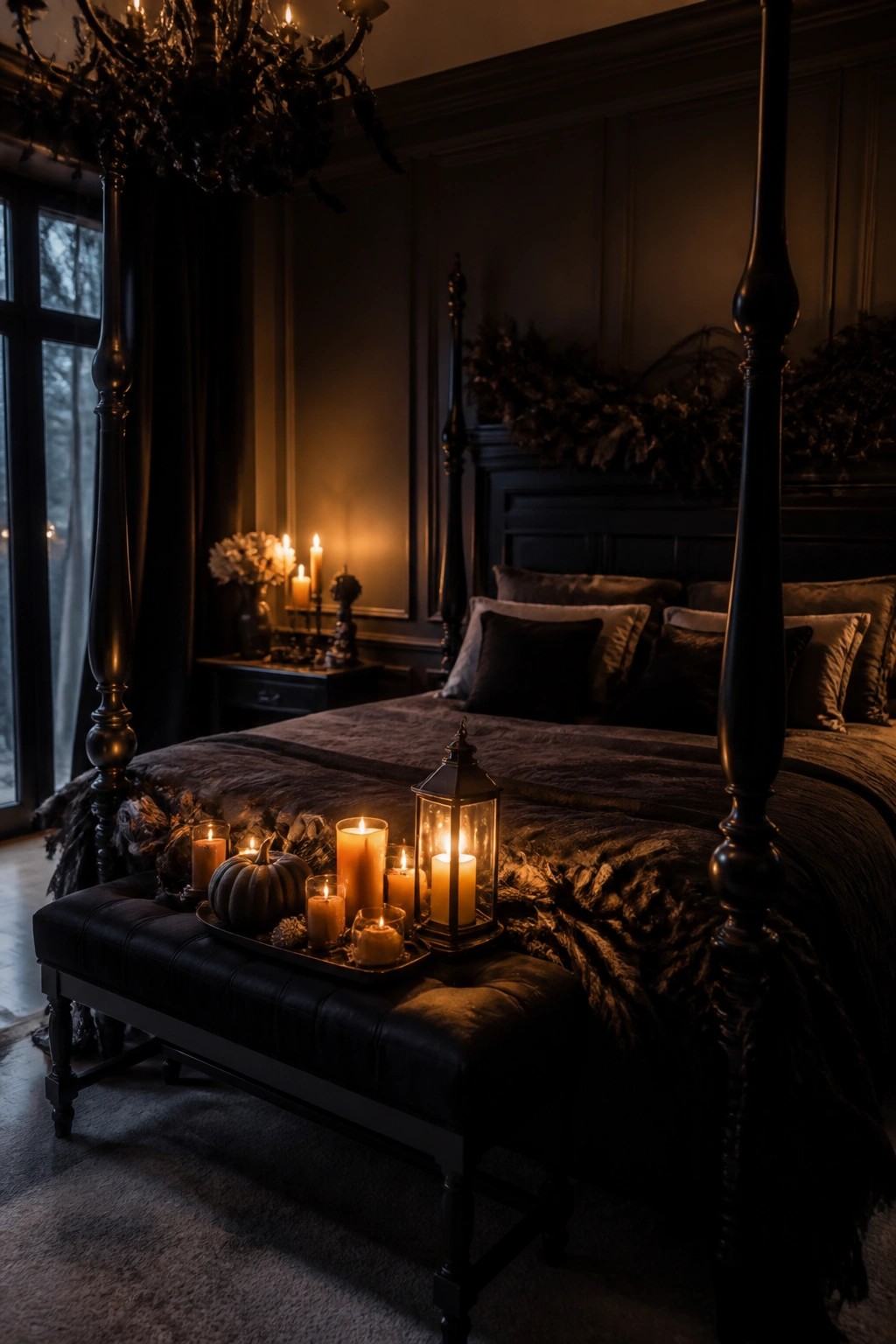 Dark bedroom featuring a bench at the foot of the bed holding a tray with multiple lit candles, a small pumpkin, and a black lantern.