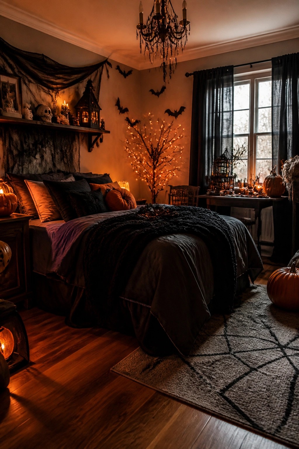 Bedroom with multiple black bat decorations on the walls above a bed dressed in dark bedding and orange accents.