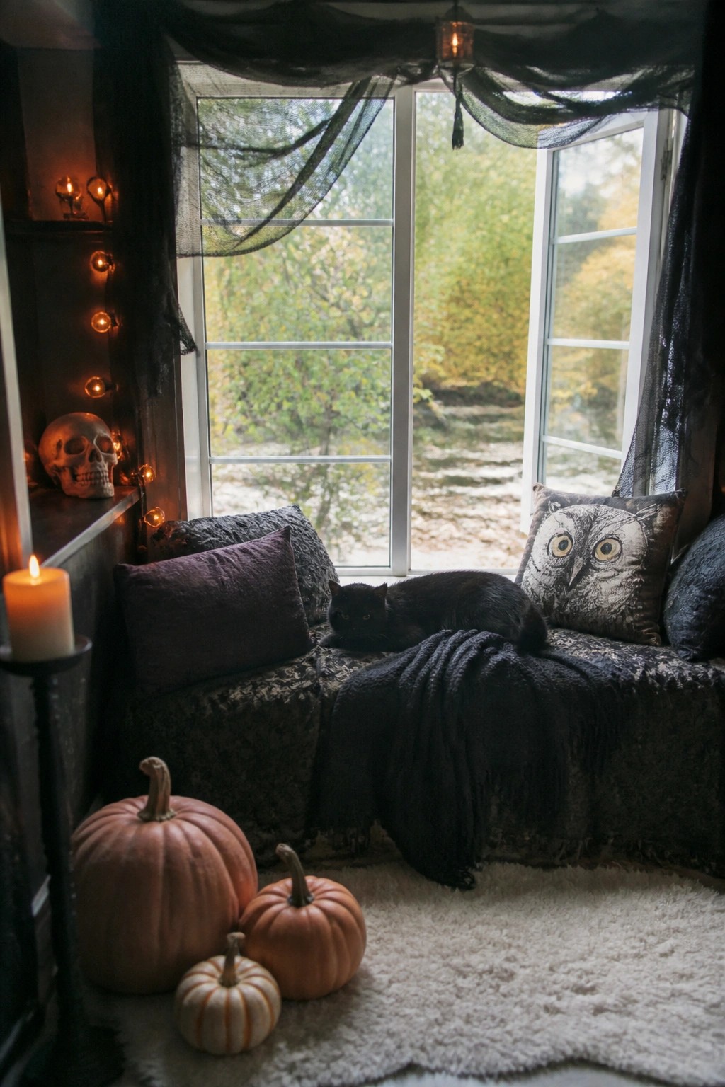 A bedroom window seat decorated for Halloween with black fabrics, a skull on the shelf, pumpkins on the floor, and an owl pillow.