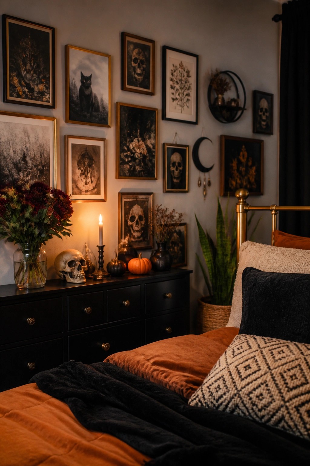 Bedroom with a gallery wall of framed skull and gothic botanical prints above a black dresser holding real skulls and small pumpkins.