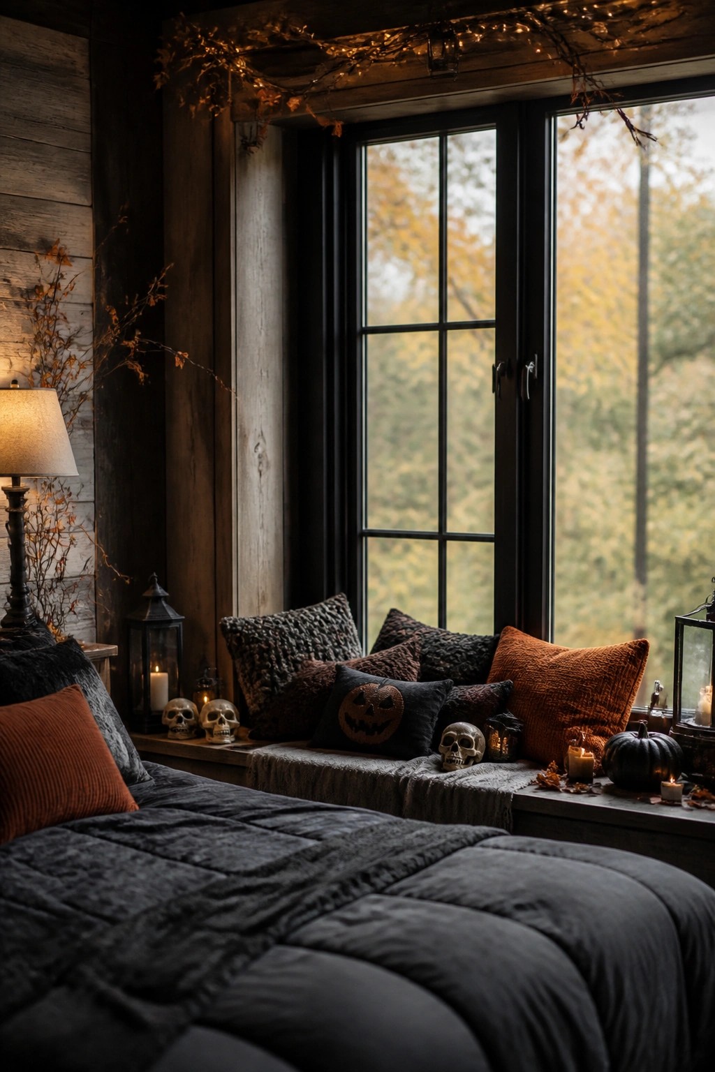 Bedroom window seat styled with a jack o lantern pillow, dark textured pillows, and small skulls arranged along the ledge.