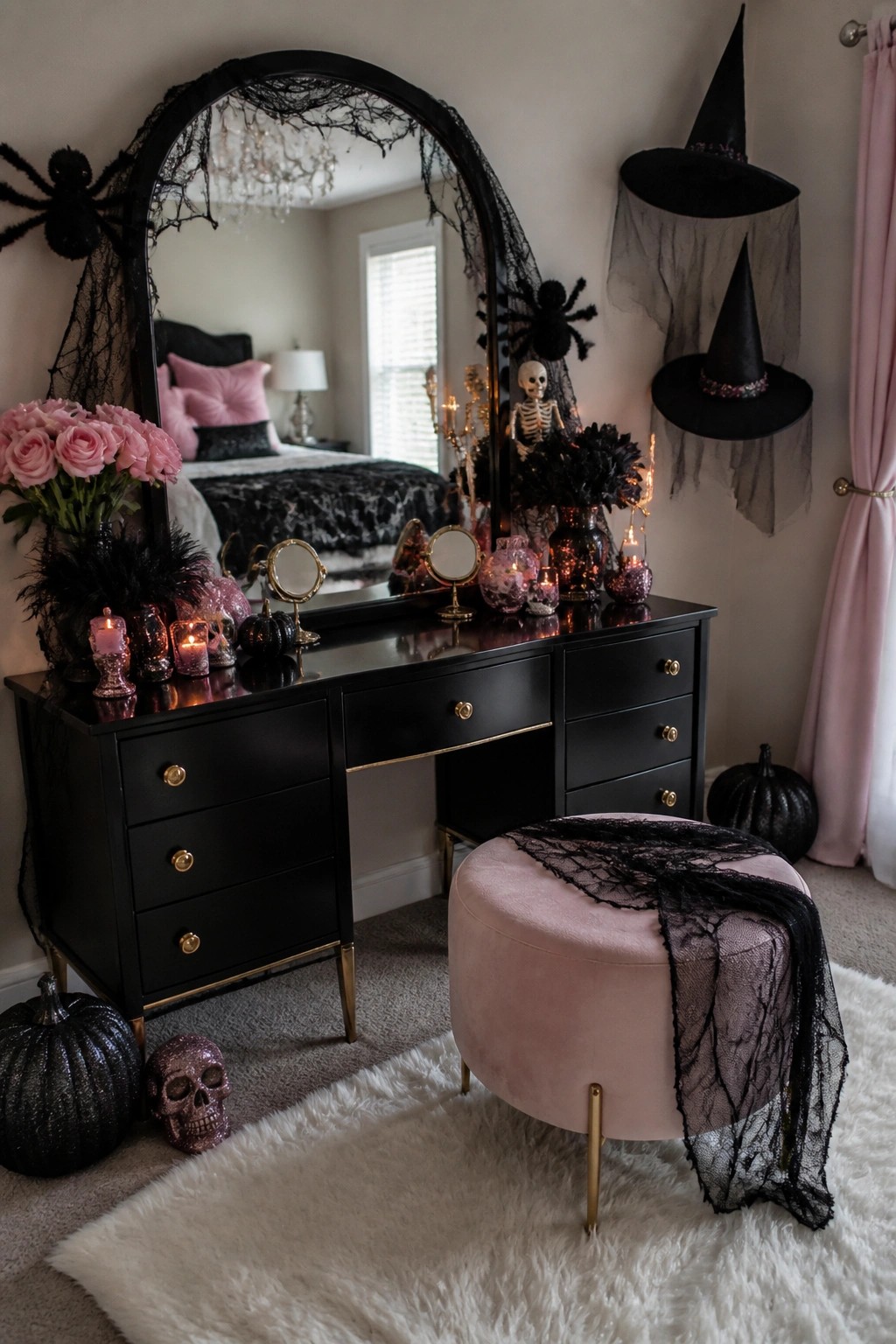Bedroom vanity with black spiderwebs and spiders draped over an arched mirror, a small skeleton, and witch hats hanging on the wall.