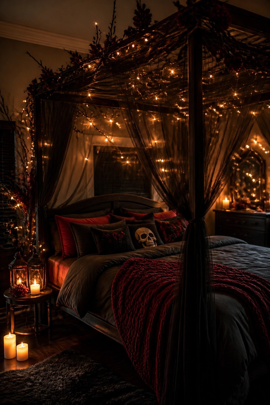 Four-poster bed with black sheer canopy, string lights, dark branches, and a skull pillow in a dimly lit bedroom.