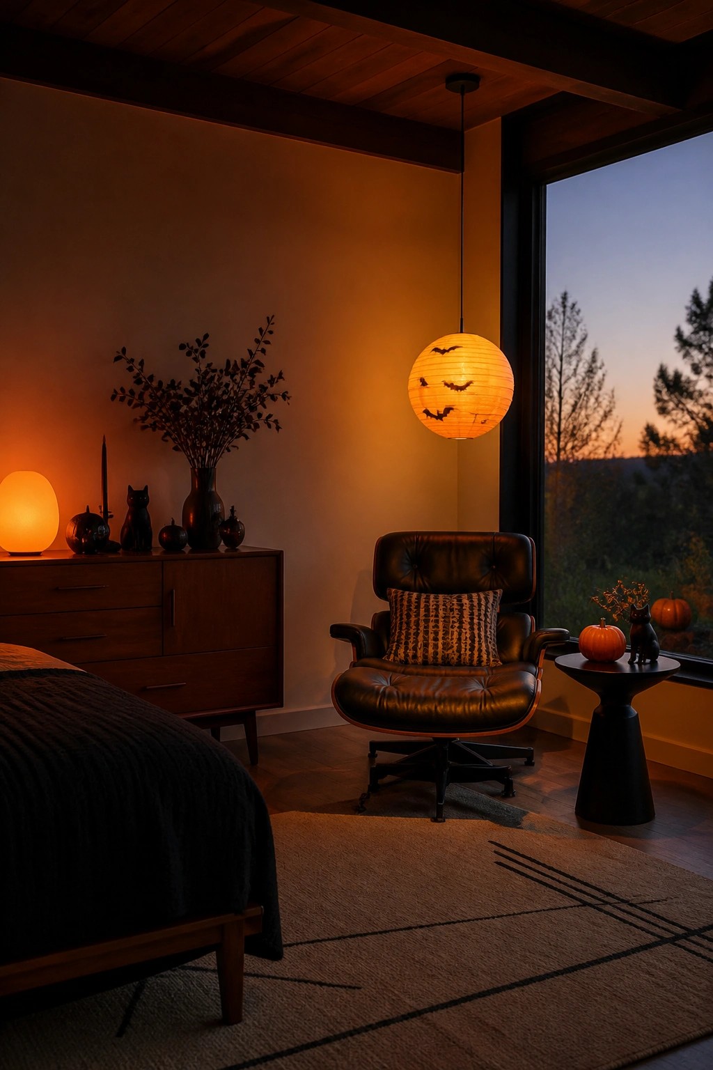 A bedroom with a glowing round paper lantern covered in bat cutouts hanging from the ceiling above a dark leather chair.