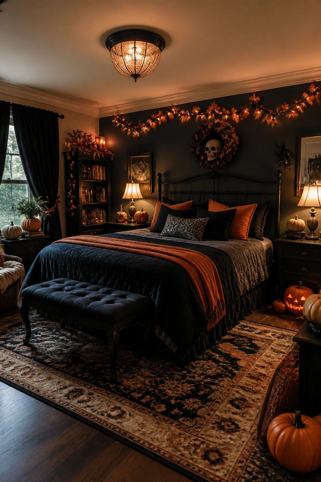 Bedroom with a skull wreath centered above the bed and a short lit garland running along the wall.