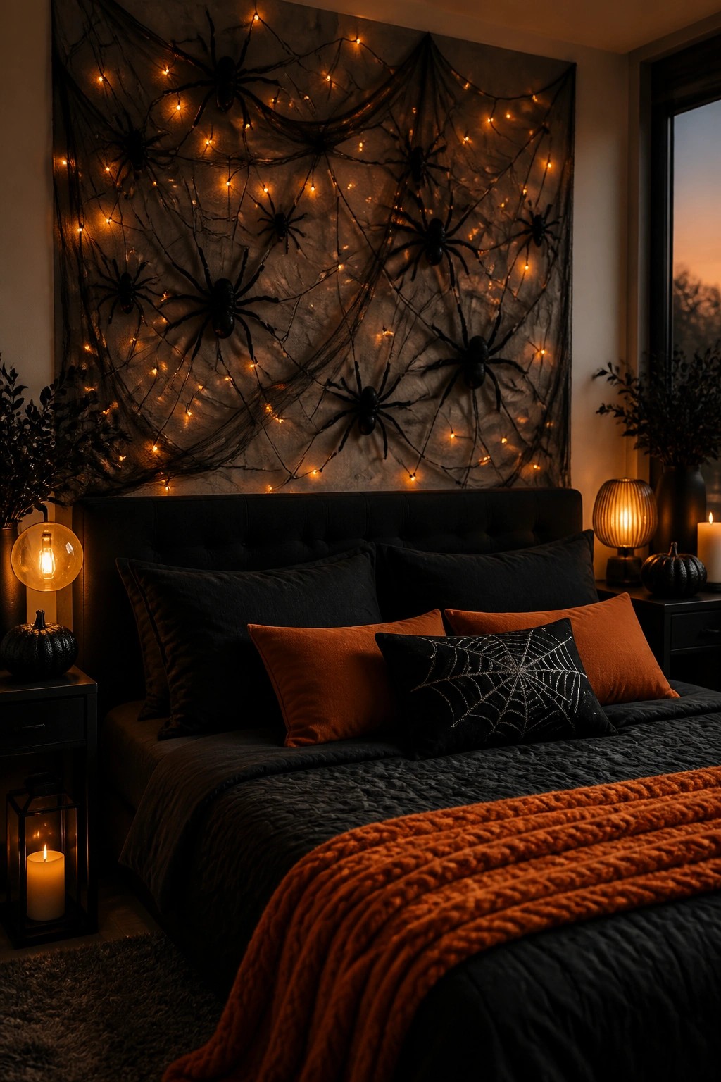 Bedroom with a large black spiderweb and spiders hung on the wall above a dark bed with orange and black pillows.
