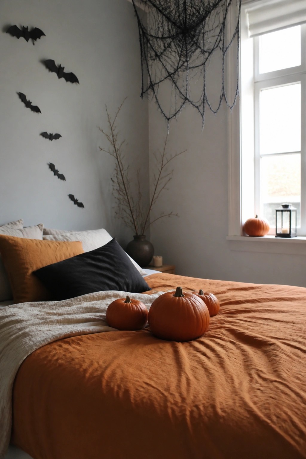 Bedroom with black bat cutouts arranged on a light wall above the bed, a black spiderweb hanging near the window, and several small pumpkins resting on orange bedding.