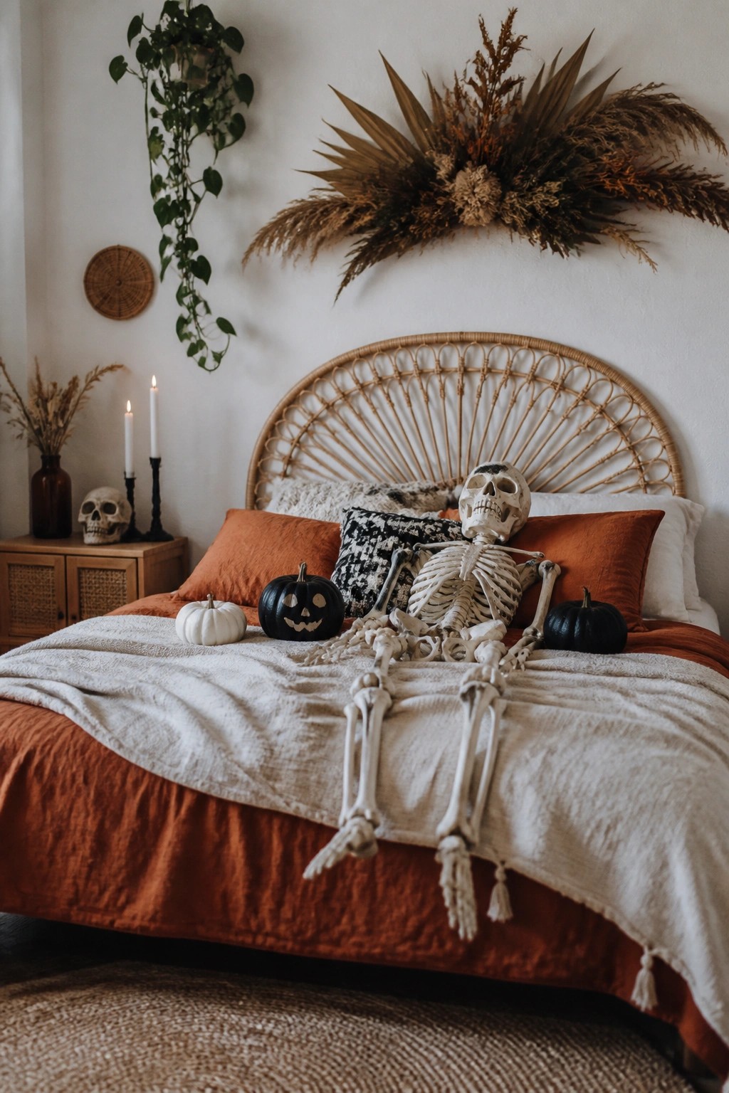 A skeleton reclining on a bed with orange and neutral bedding, flanked by small pumpkins including one carved jack-o'-lantern.