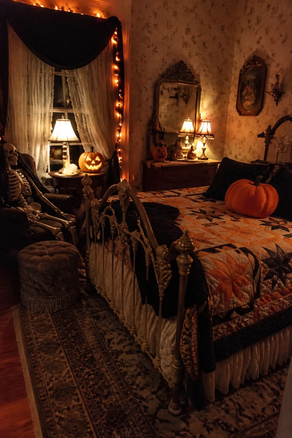 A bedroom corner showing a skeleton seated in an armchair next to a bed with pumpkins and string lights framing the window.