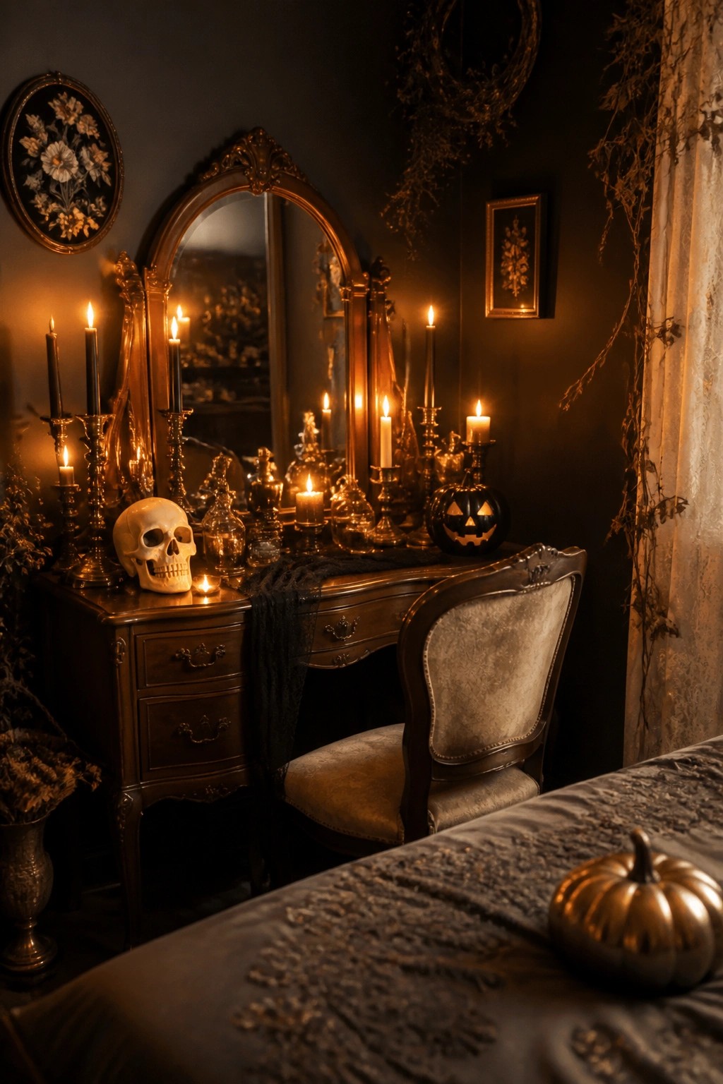 A dark wooden bedroom vanity styled with a white skull, multiple lit candles in brass candlesticks, a small carved jack o lantern, and glass bottles.