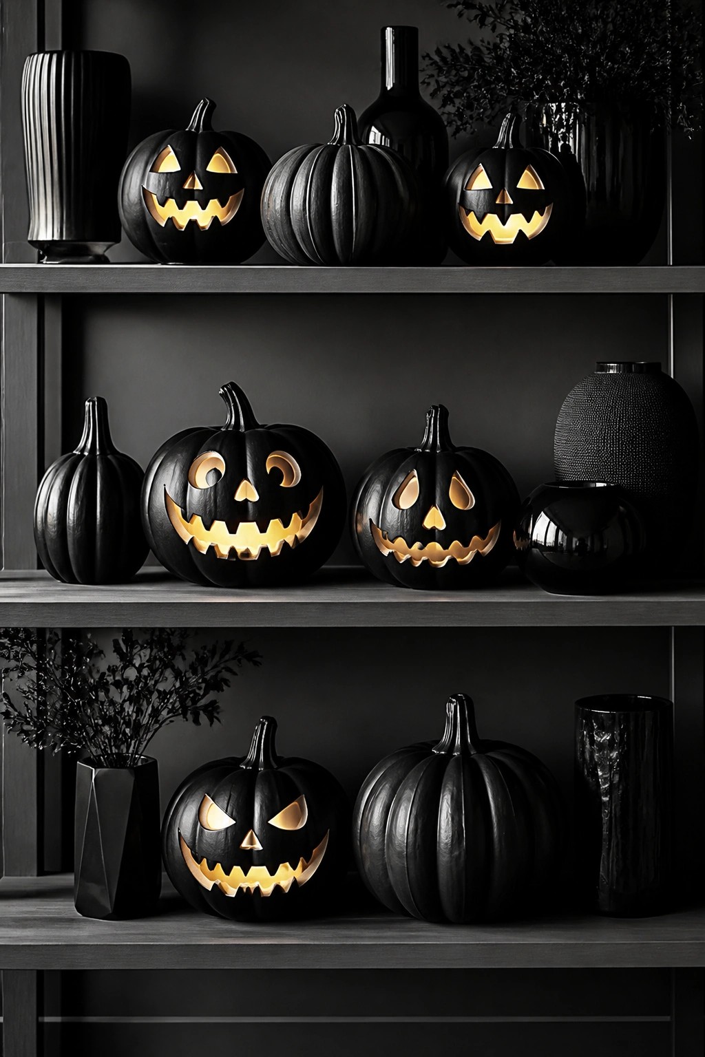 Three dark shelves holding multiple black carved jack-o’-lanterns with glowing faces in different designs, along with black vases and dried branches.