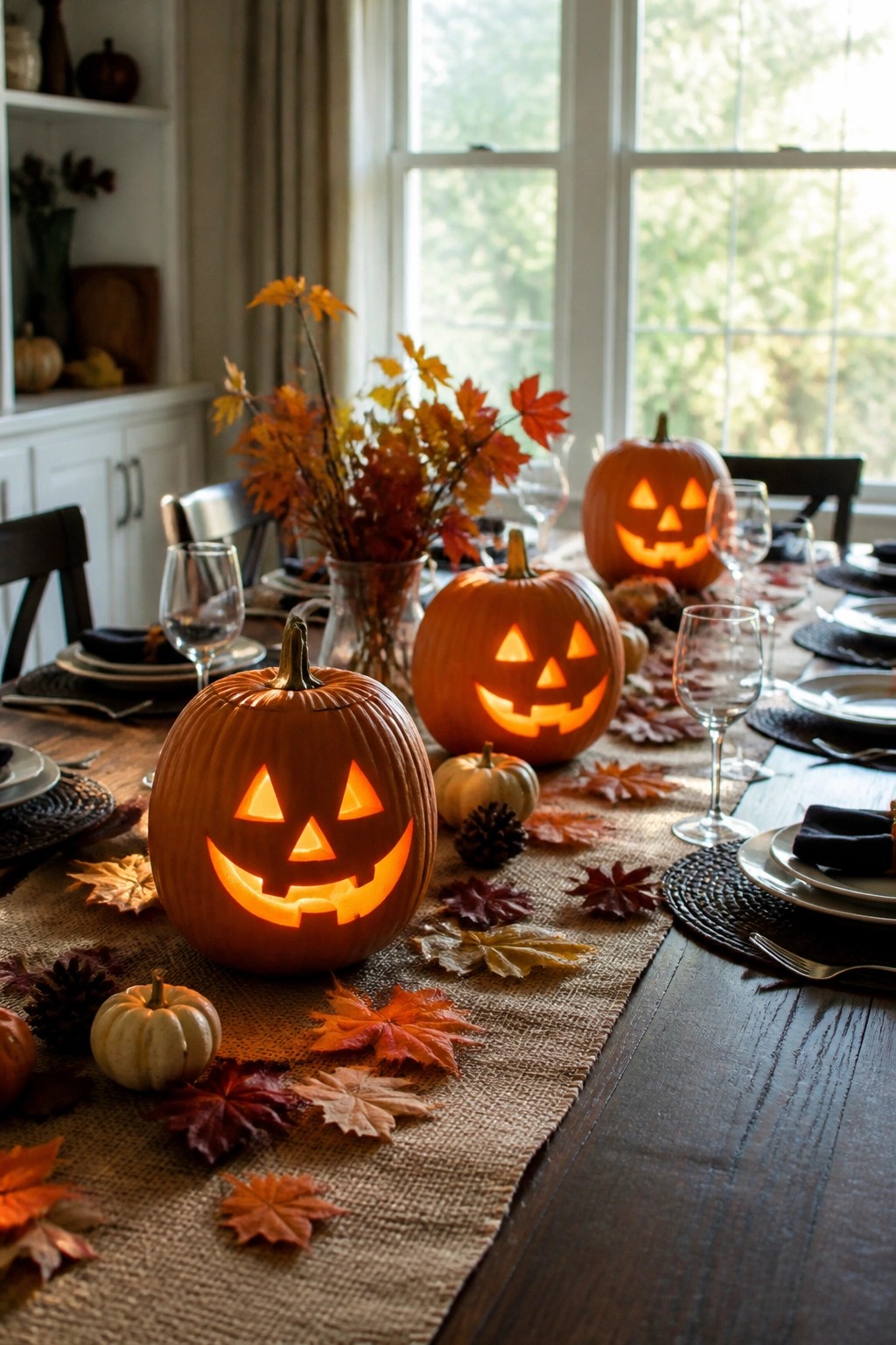 Dining table with several carved jack-o'-lanterns glowing along a burlap runner.