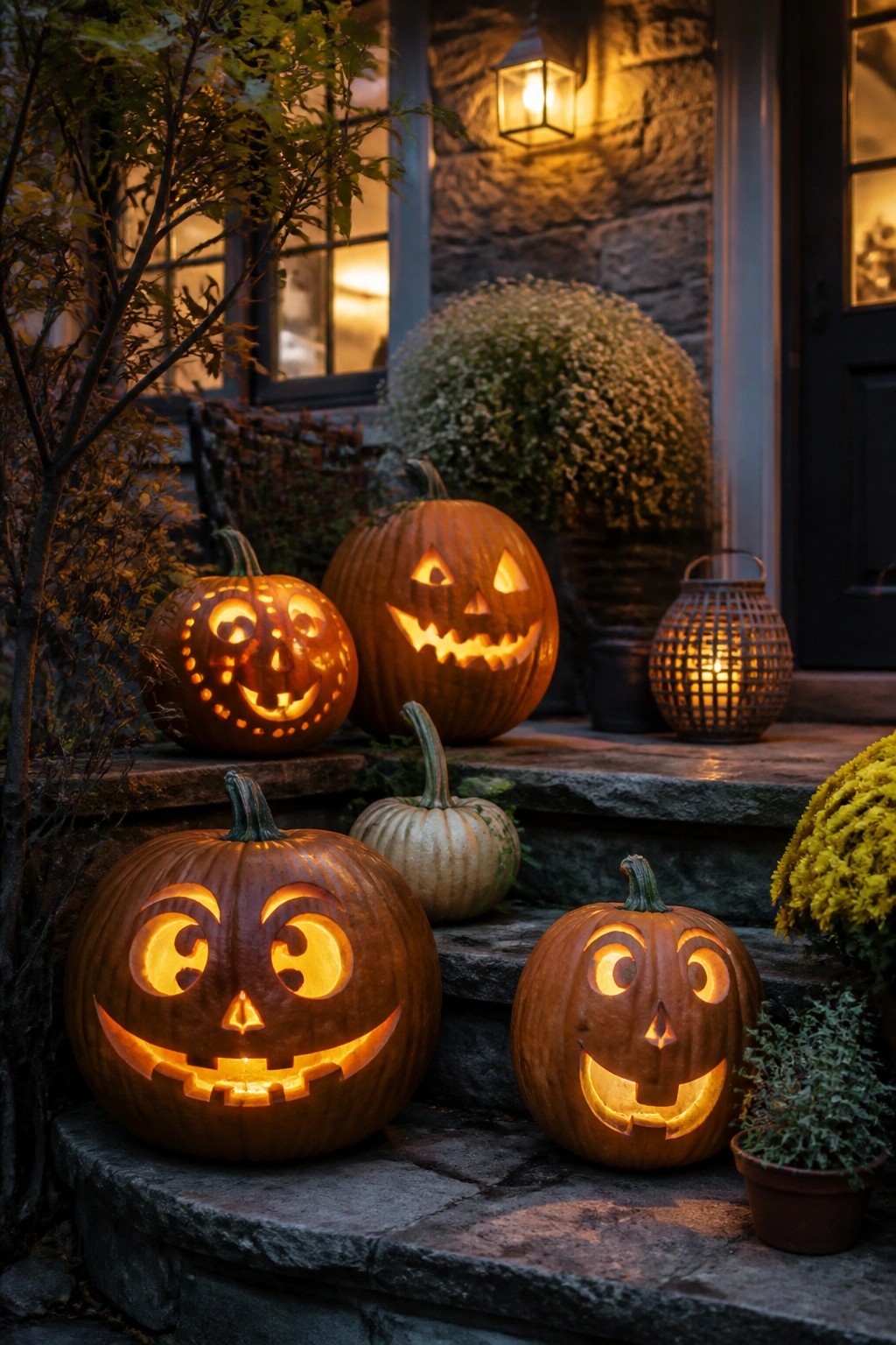 Glowing jack-o'-lanterns on stone steps beside a lit lantern at night