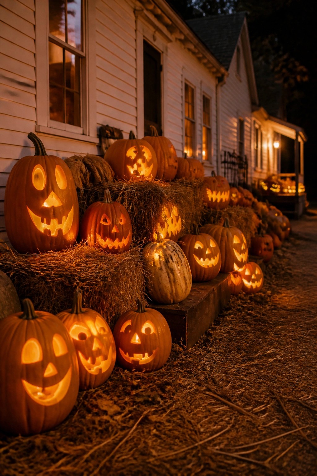 Front of a white house lined with carved jack-o'-lanterns arranged on hay bales and steps at night.