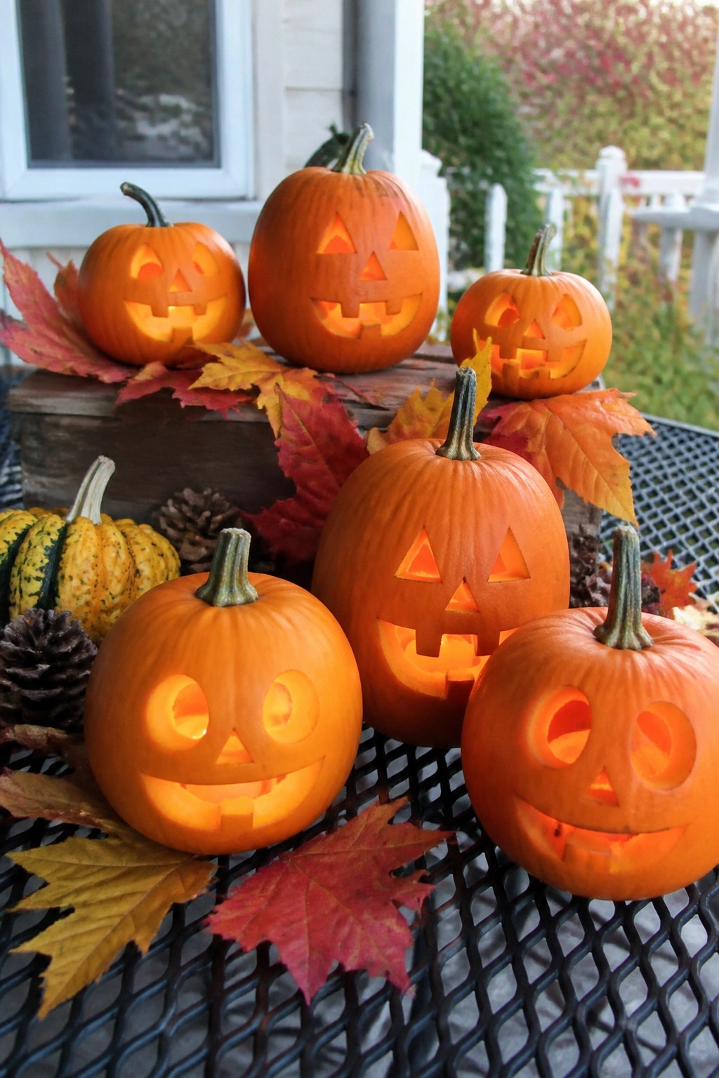 Group of carved and lit jack-o'-lanterns with various faces arranged on a wooden crate and mesh table on a front porch.