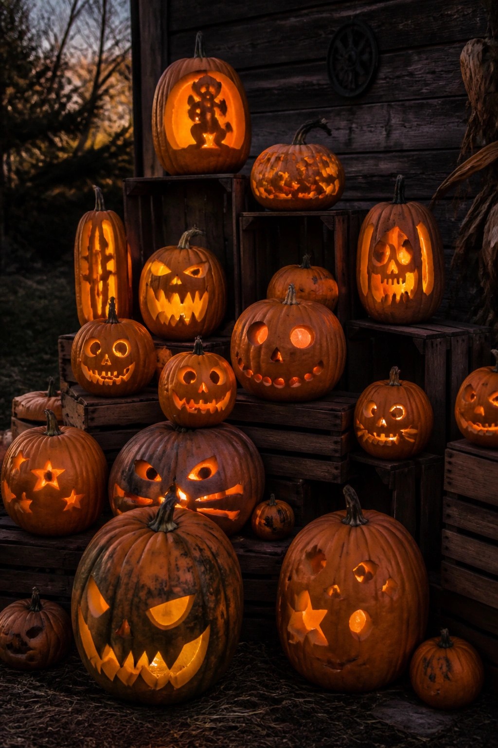 A large group of carved and lit jack-o'-lanterns with different faces arranged on wooden crates against a dark wooden wall.