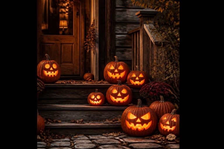 Front porch steps lined with several lit jack-o'-lanterns of different sizes next to a dark wooden door.