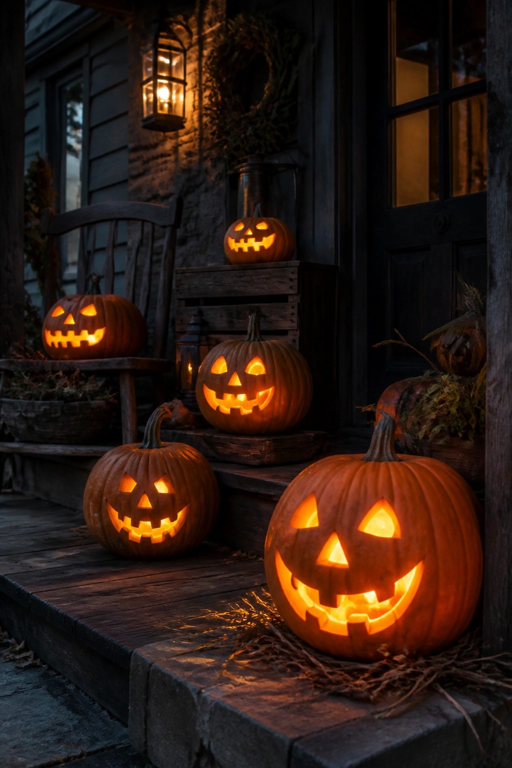 Front porch steps lined with several lit jack-o'-lanterns of different sizes next to a dark wooden door.