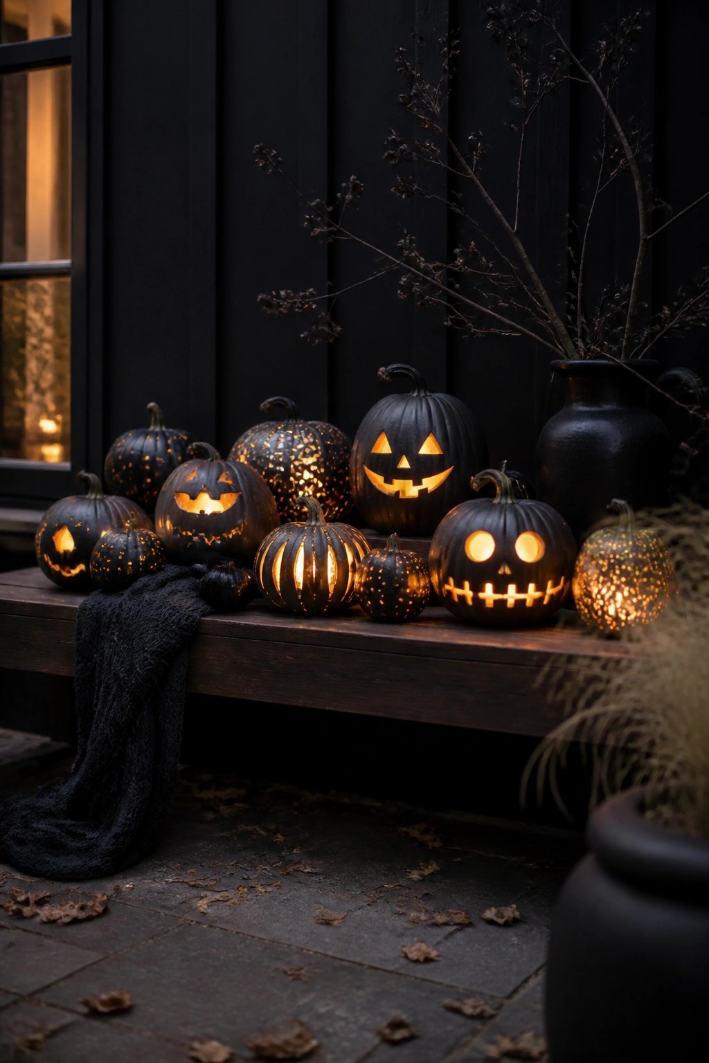 Wooden bench lined with multiple lit jack-o'-lanterns featuring different carved faces against a dark wall.