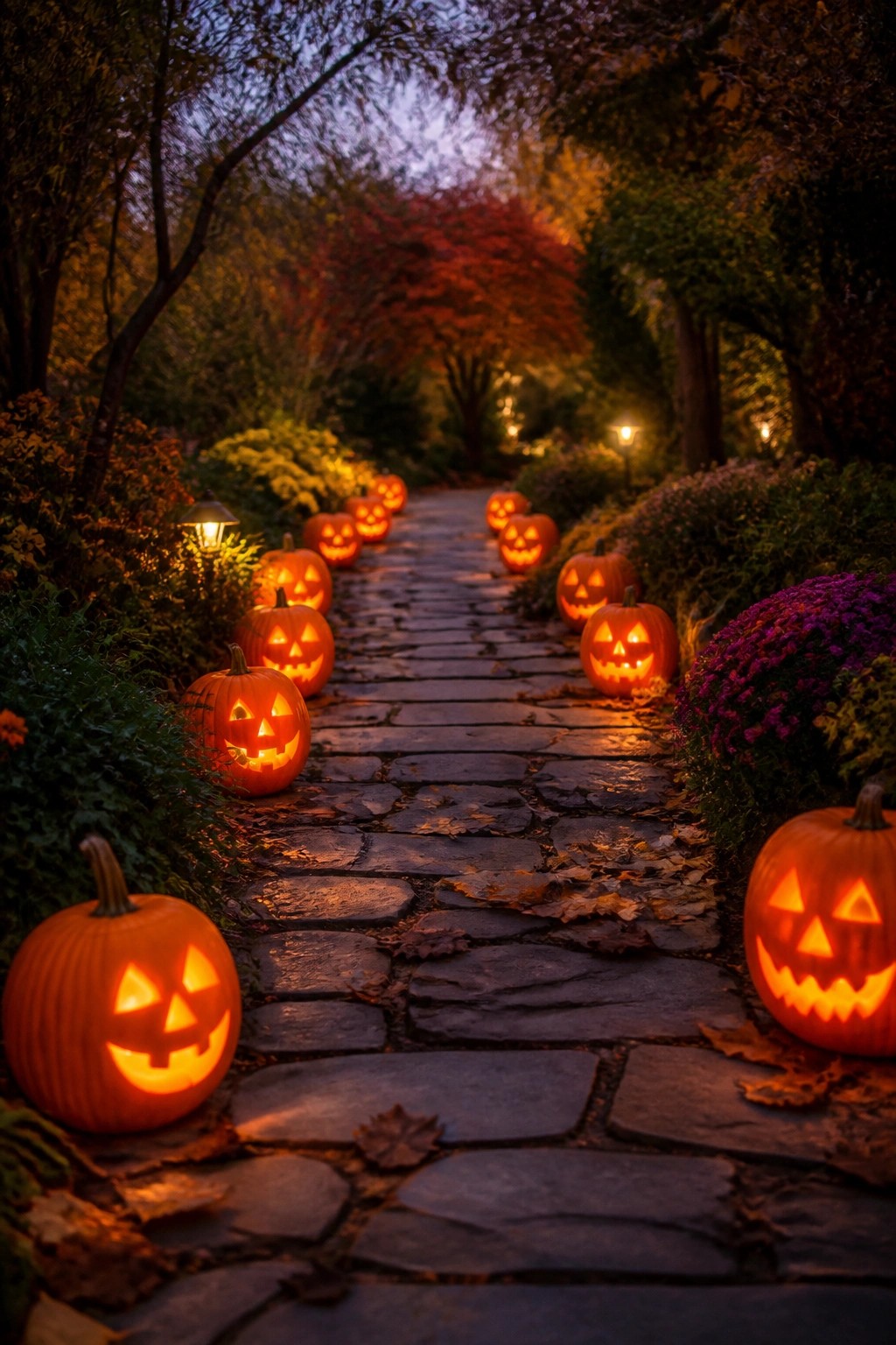 Stone walkway lined with glowing jack-o'-lanterns on both sides amid autumn leaves and trees.