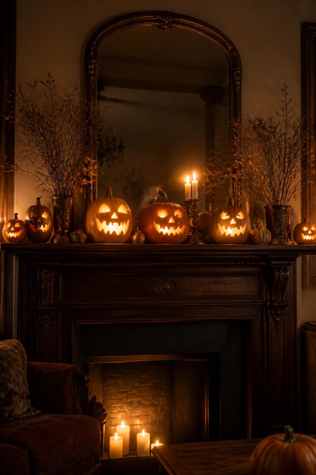A dark wooden fireplace mantel lined with several lit jack-o’-lanterns of varying sizes, flanked by dried branches in metal vases and small candles on the hearth.