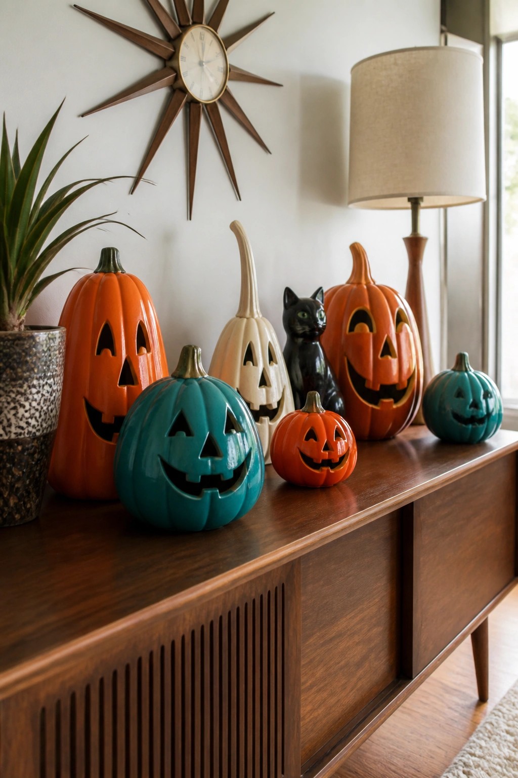 Wooden console table holding multiple carved jack o lanterns in orange, teal, and white with a black cat figurine beside them.