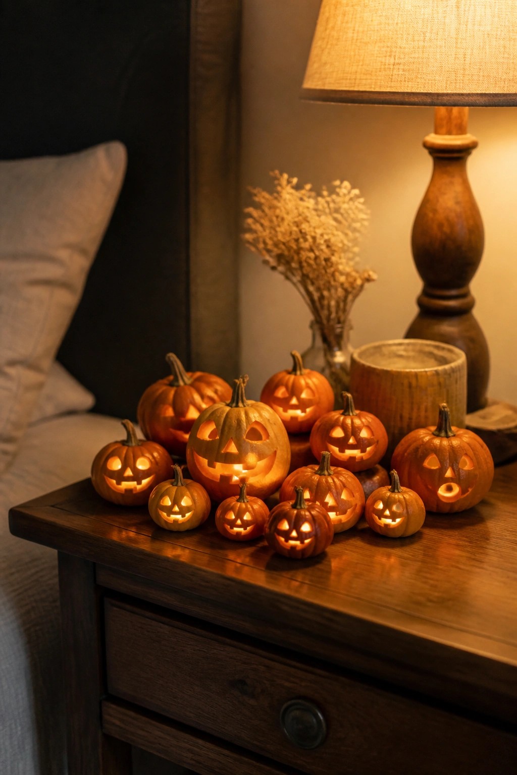 Glowing jack-o'-lanterns clustered on a wooden nightstand near a lit lamp