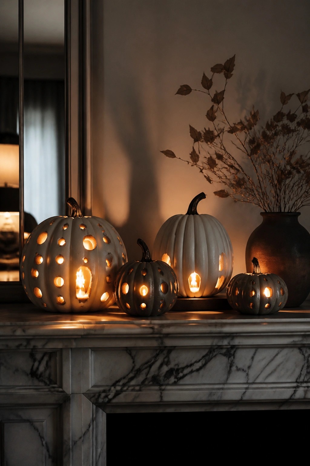 Marble fireplace mantel with four carved white and gray pumpkins of different sizes, each lit from within with candles.