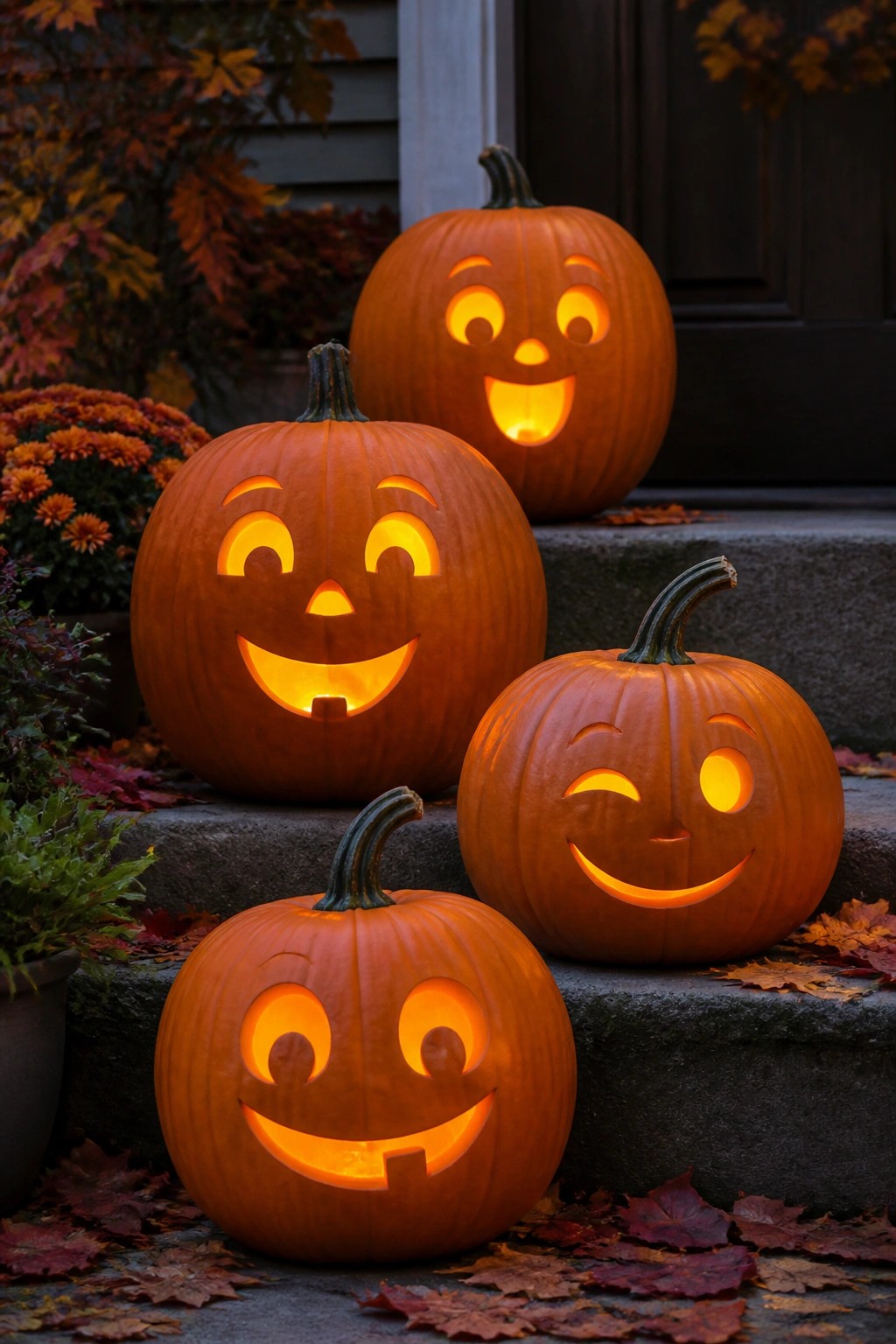 Four lit jack-o'-lanterns with carved smiling and winking faces arranged on concrete steps outside a house.