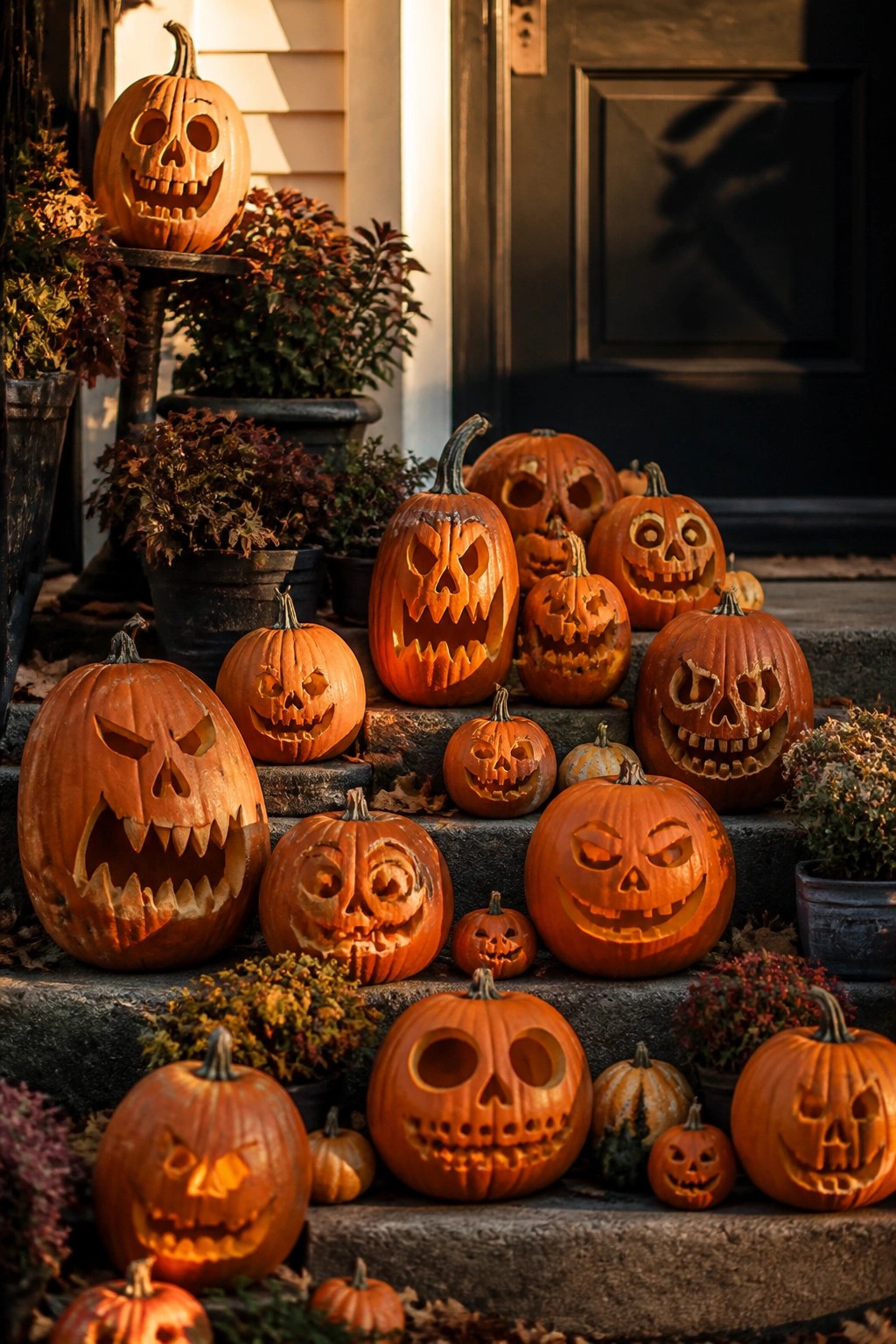 Numerous carved jack-o'-lanterns glowing on stone steps with autumn plants
