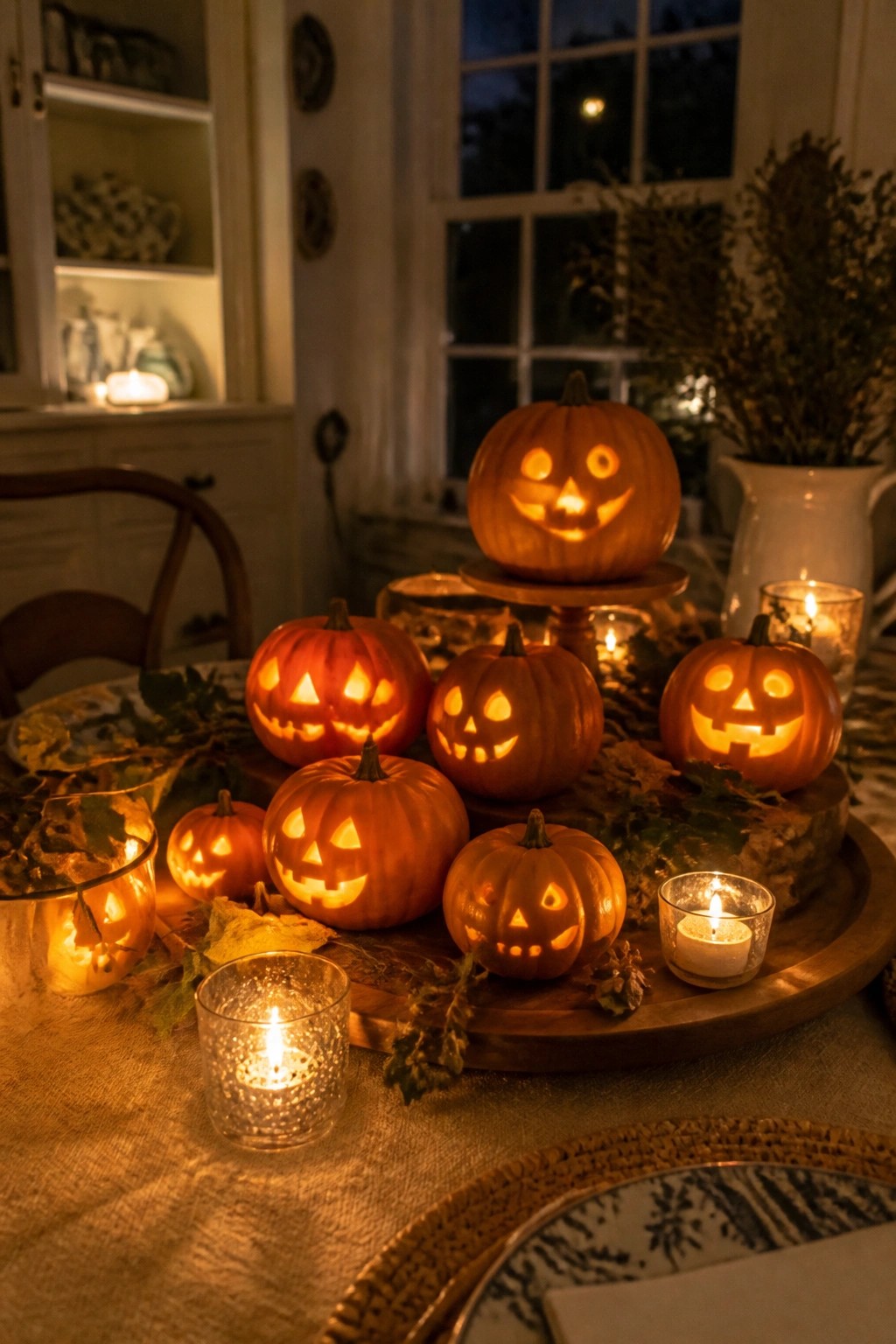 Lit jack-o'-lantern pumpkins and candles on wooden platters with autumn leaves.