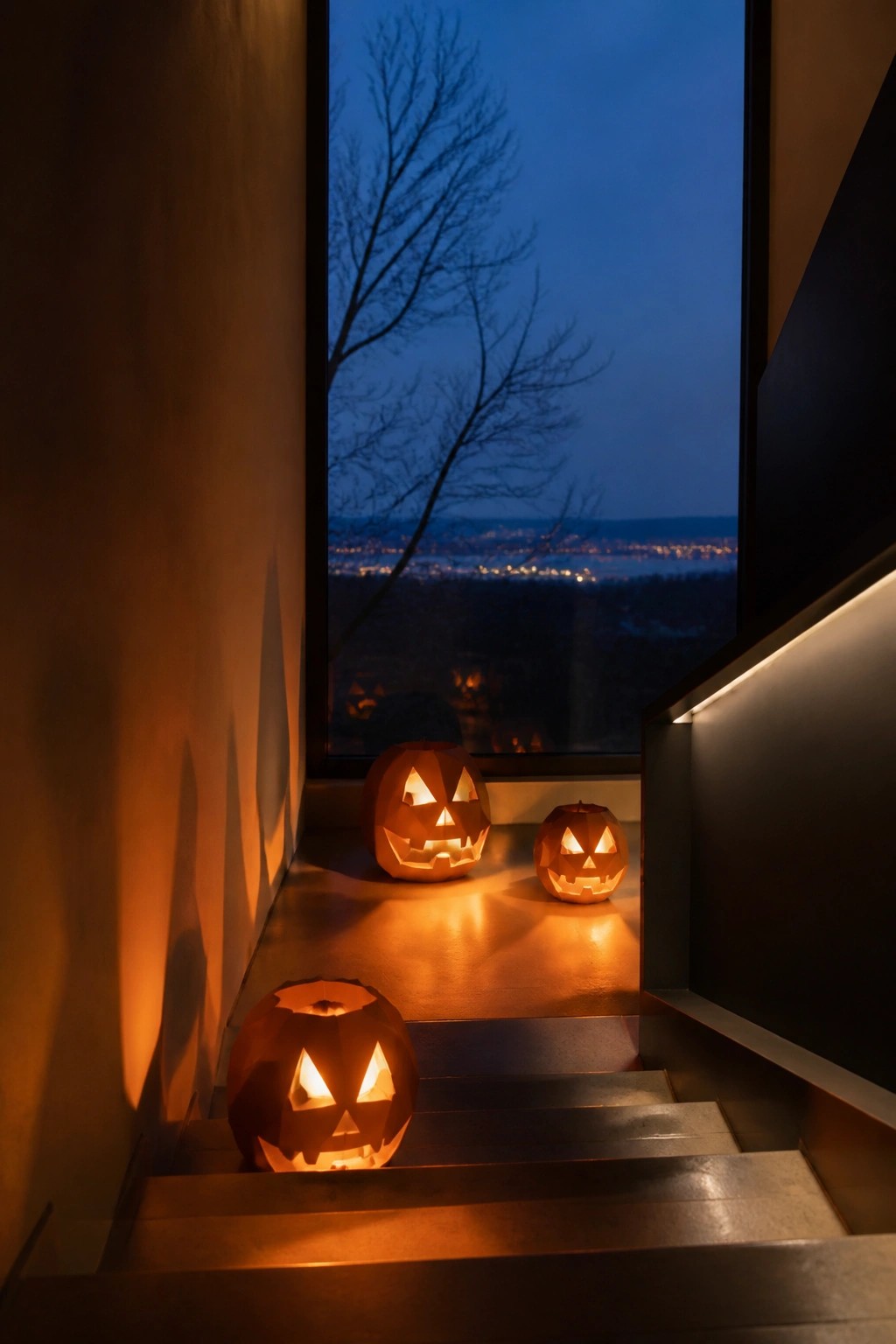 Three glowing jack-o'-lanterns on stairs by window overlooking twilight city lights