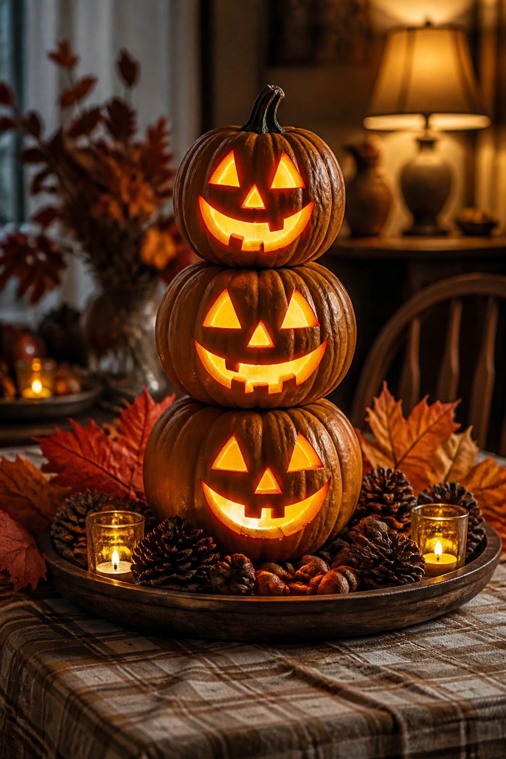 Three stacked carved jack o lanterns with glowing faces sit in a wooden tray with pinecones, autumn leaves, and small candles on a plaid tablecloth.