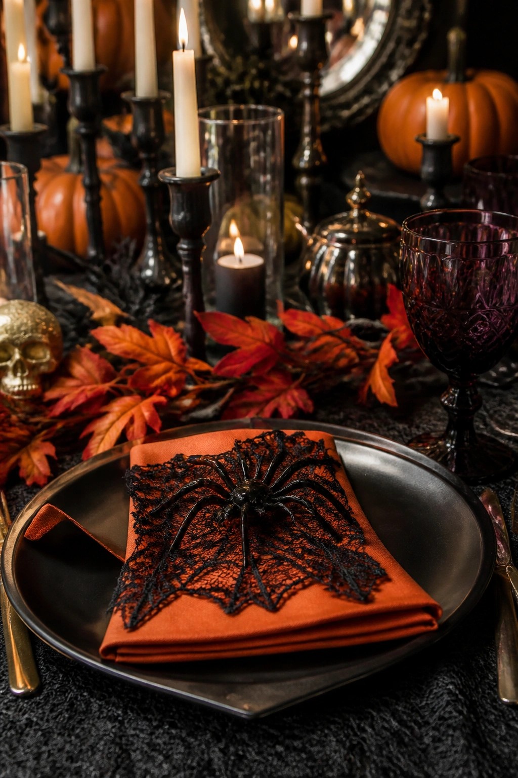 Halloween place setting with black spider on orange napkin over black plate amid candles and pumpkins