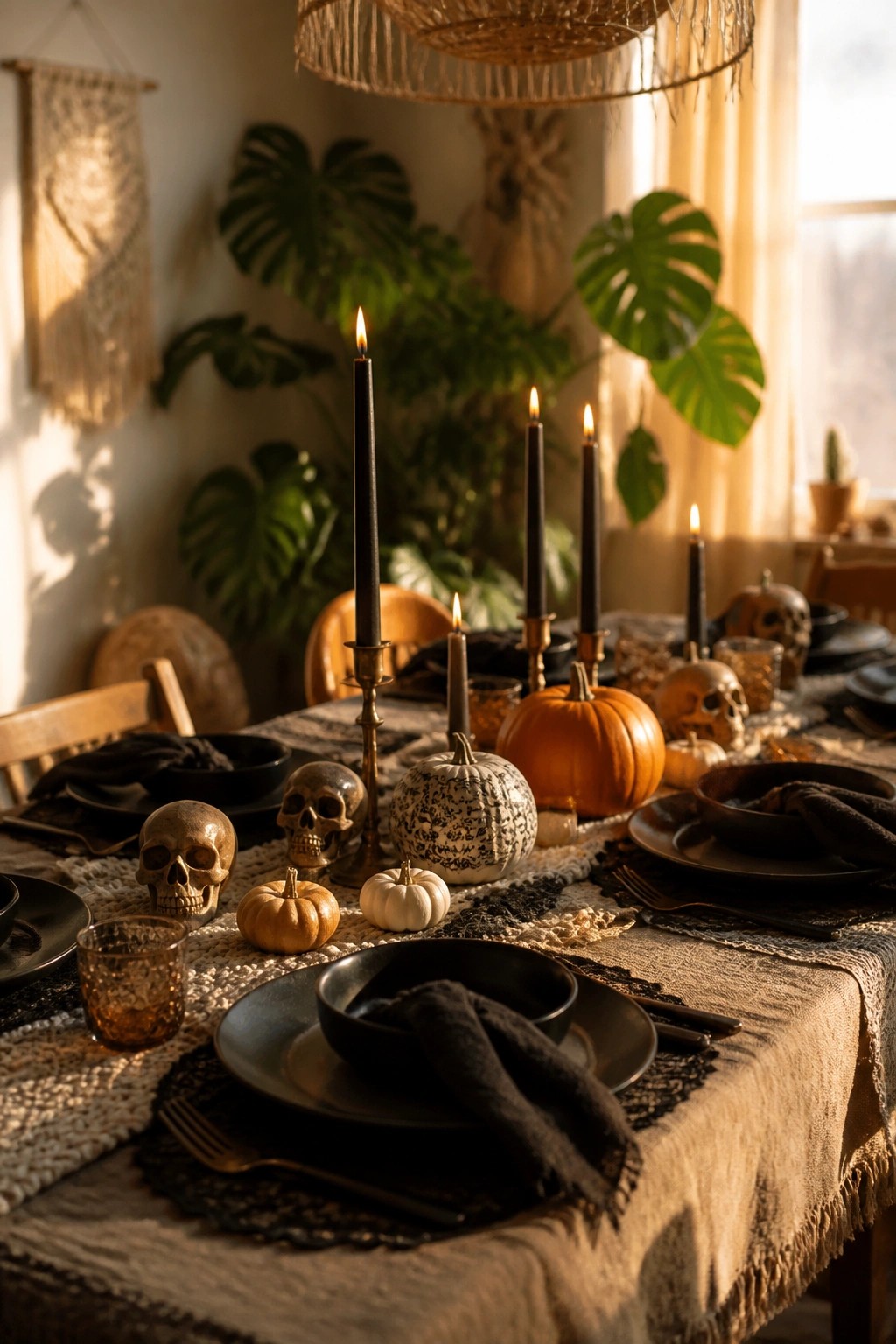 Dining table set with black candles, skulls, and assorted pumpkins on a neutral runner for a Halloween tablescape.