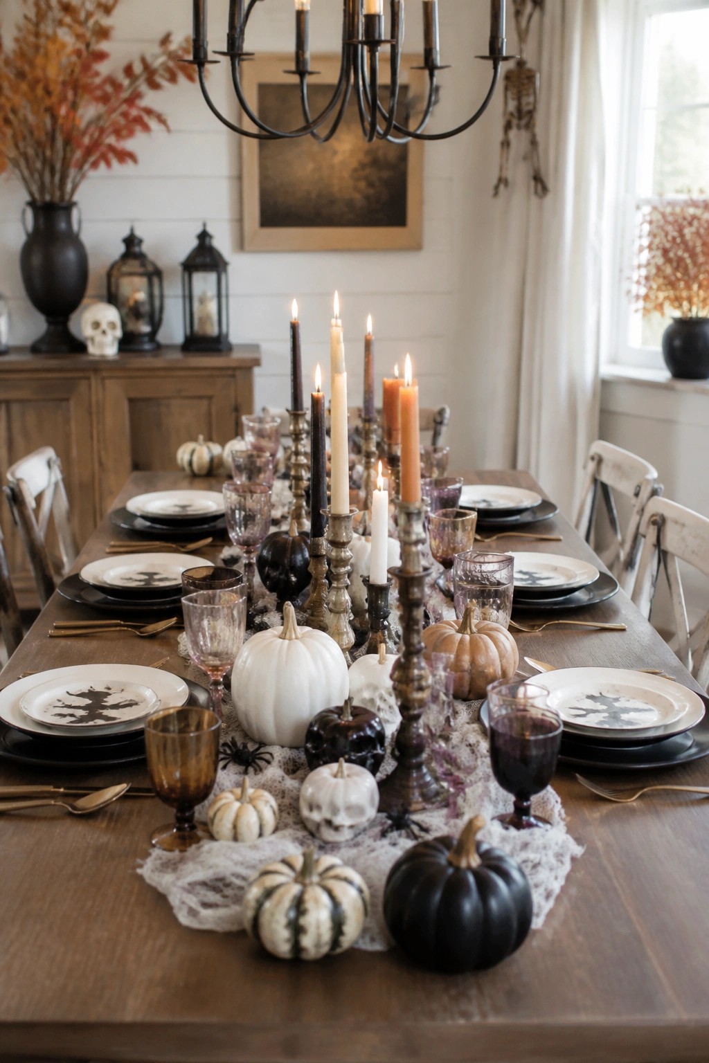 Long wooden dining table set with black and white pumpkins, skulls, black spiders, and tall taper candles arranged on a white lace runner.