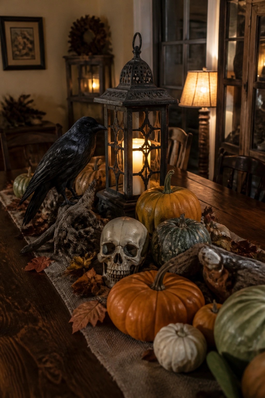 Rustic autumn table with black crow, skull, pumpkins, lantern, and fallen leaves.