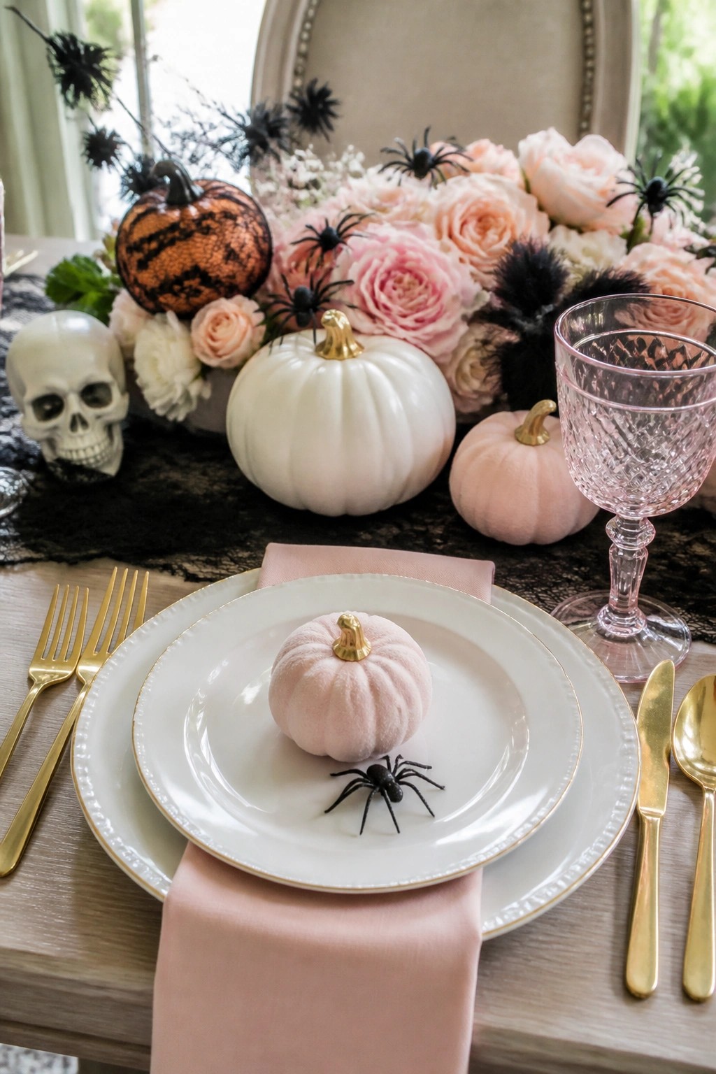A formal dining table set for Halloween with white plates, pink napkins, gold flatware, and small pink velvet pumpkins paired with black plastic spiders at each place setting.