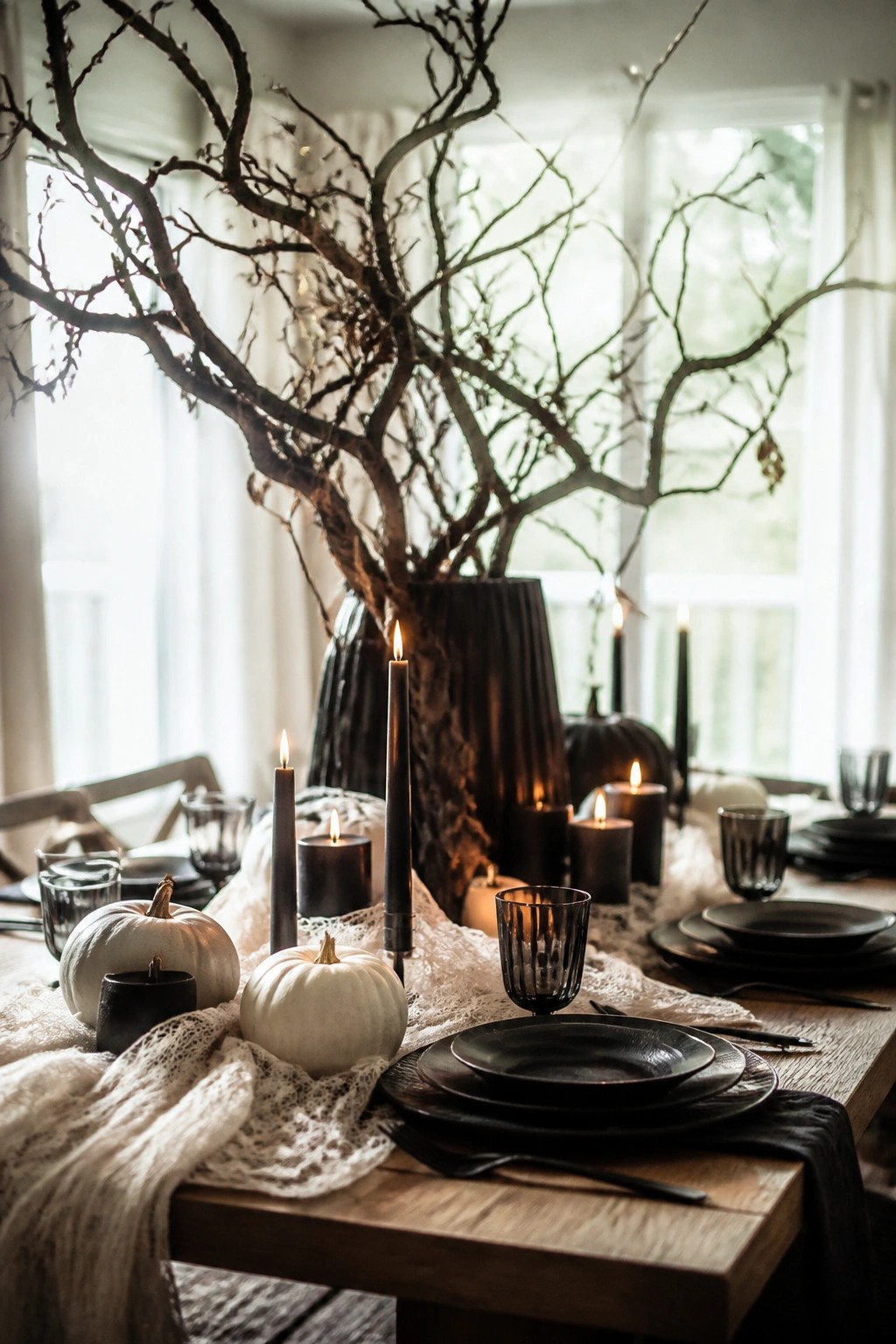 Dining table set with a large black branch centerpiece, black candles, white pumpkins, and dark plates for an elegant Halloween tablescape.
