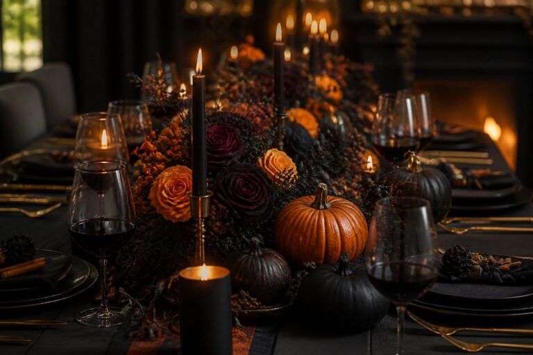 A formal dining table styled for Halloween with tall black candles in gold holders, black and metallic pumpkins, and dark floral arrangements.