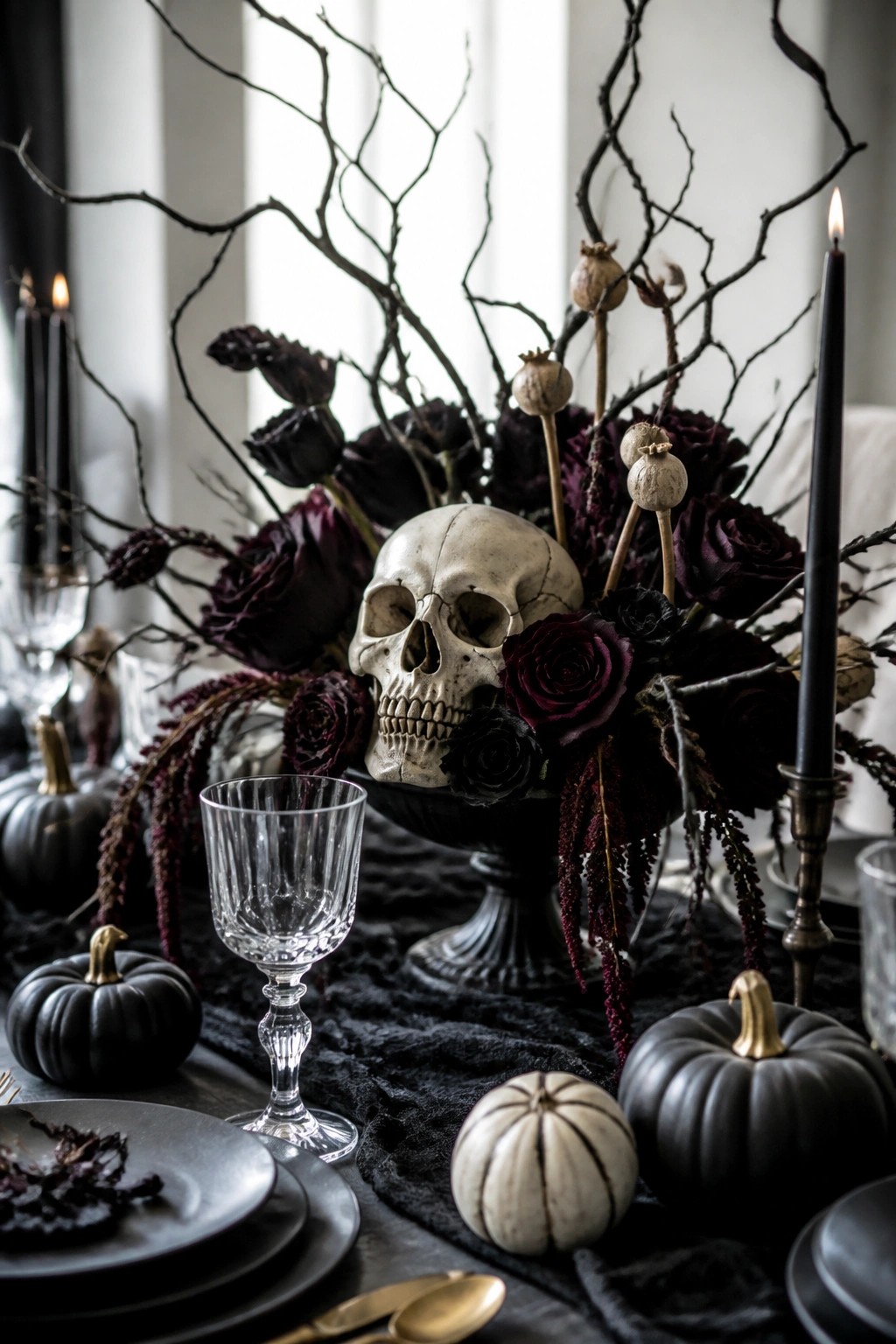 Dining table centerpiece with a skull, dark roses, bare branches, and black candles arranged on a black tablecloth.