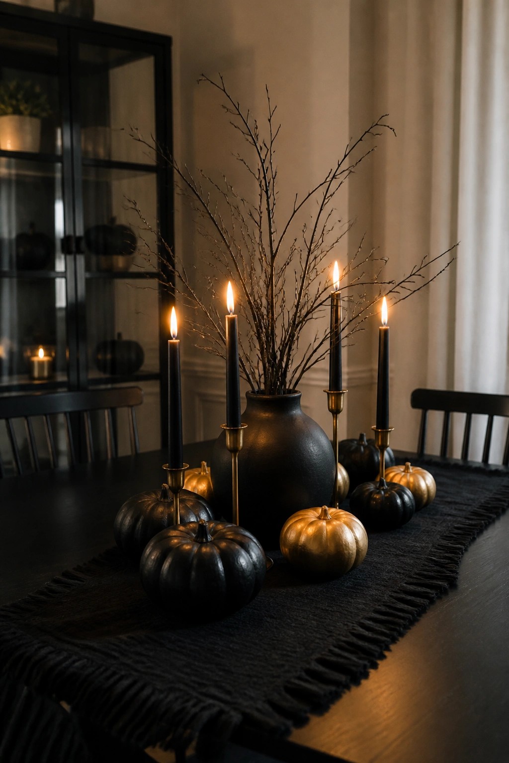 Dark wooden dining table with a black runner holding black and gold pumpkins, tall black taper candles, and a large black vase filled with bare branches.