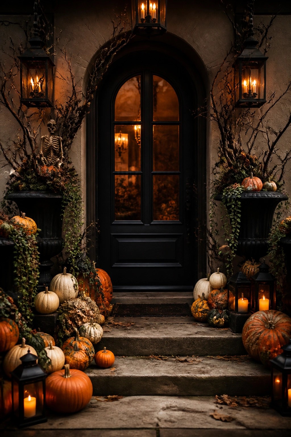 Black front door with stone steps lined with white and orange pumpkins, black lanterns, and a skeleton figure placed in a large planter on the left.