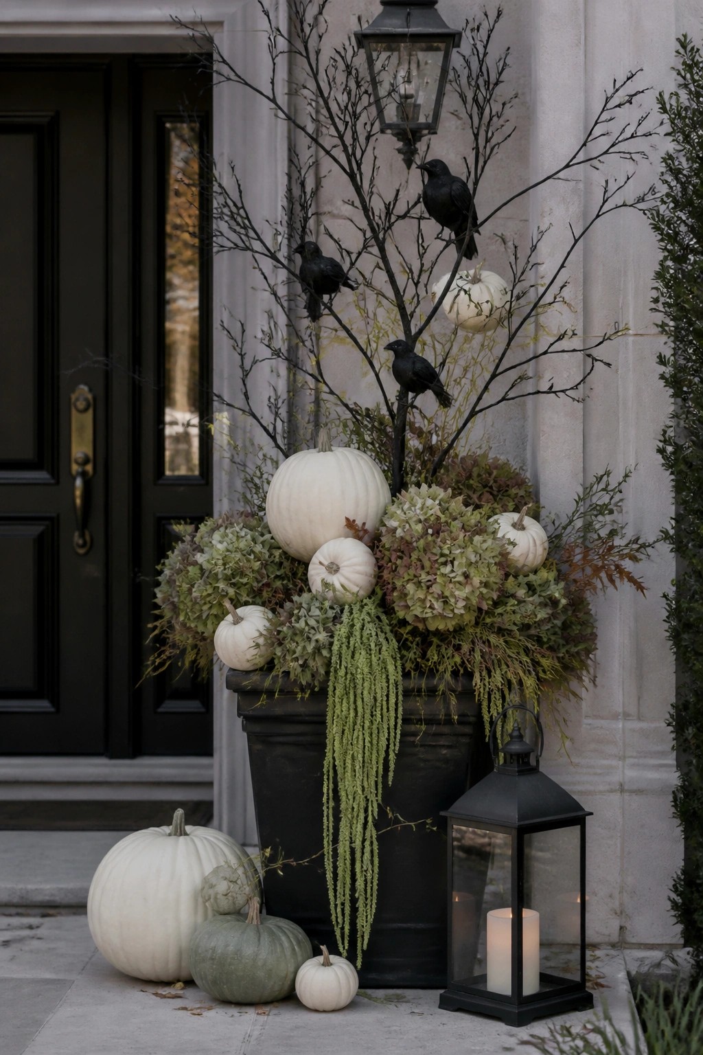 Black crows perched on bare branches in a large planter beside a dark front door, surrounded by white pumpkins and a lit black lantern.
