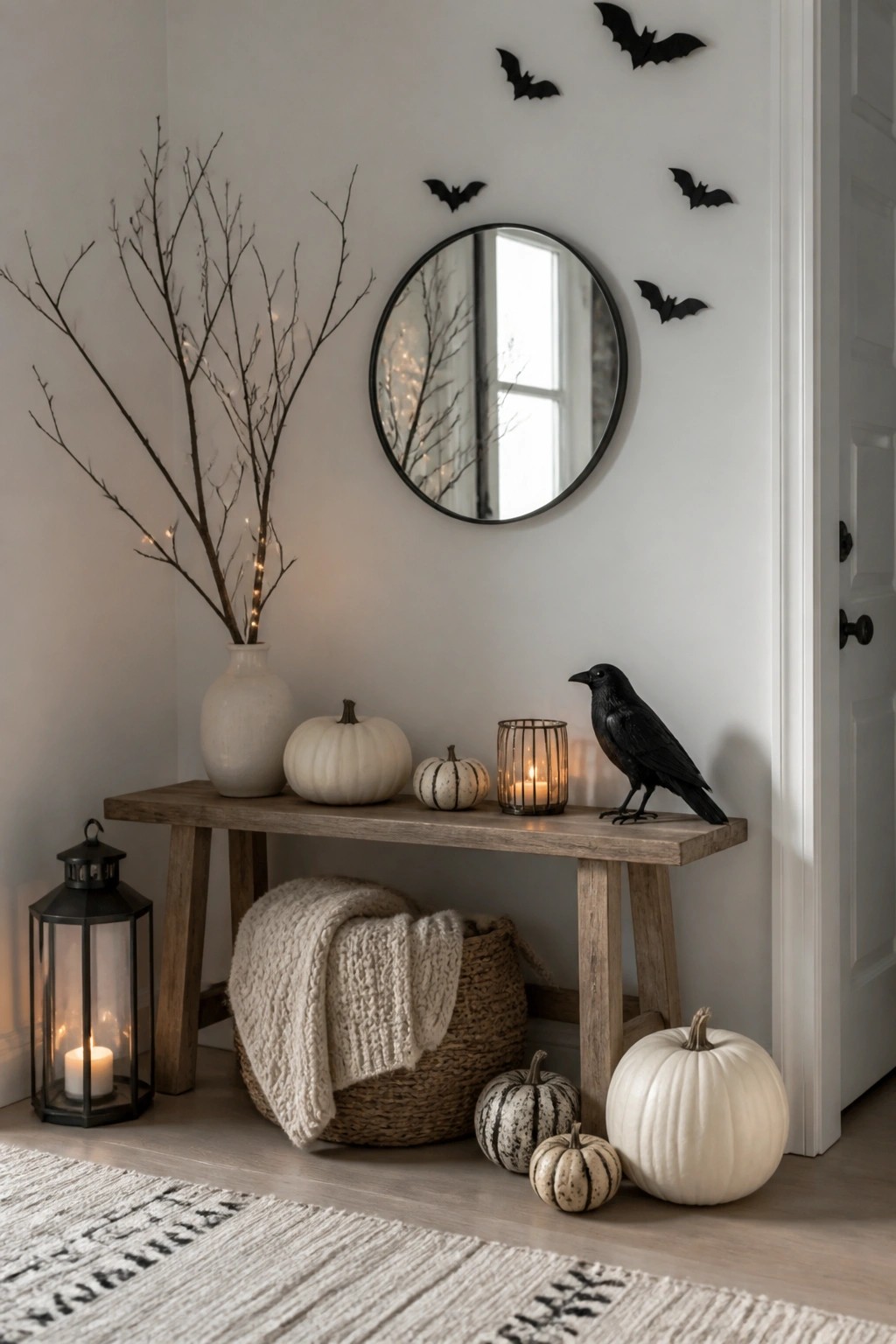Entryway scene showing a round mirror on a white wall with several black bat decorations arranged around it and a wooden bench holding pumpkins and a black crow statue below.