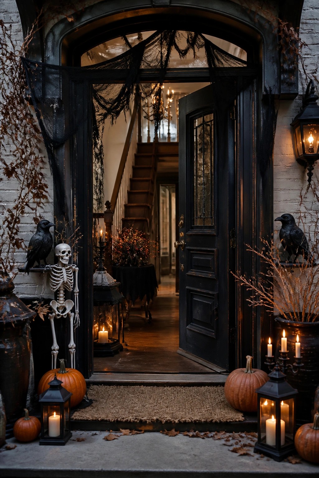 Halloween-decorated doorway with open black door, skeleton, pumpkins, crows, and glowing lanterns.