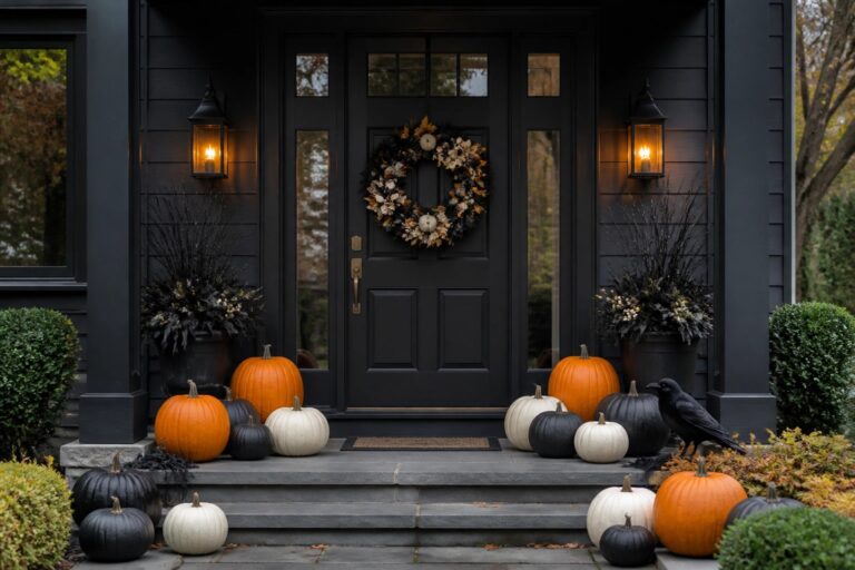 19 Festive Indoor Halloween Door Displays to Brighten Your Entryway Black double doors with dark wreath, lanterns, and black and white pumpkins on steps.