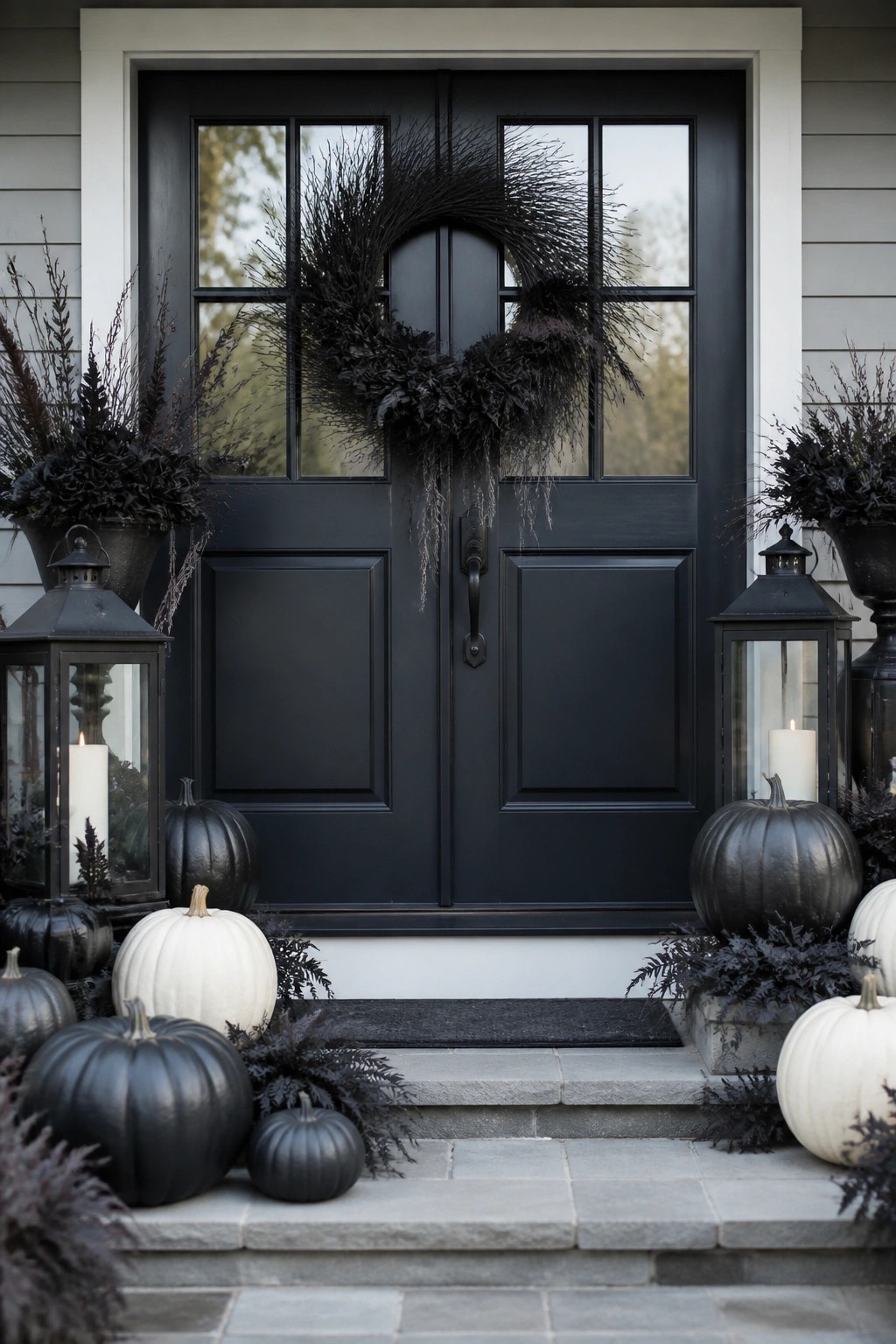 Black double doors with dark wreath, lanterns, and black and white pumpkins on steps.